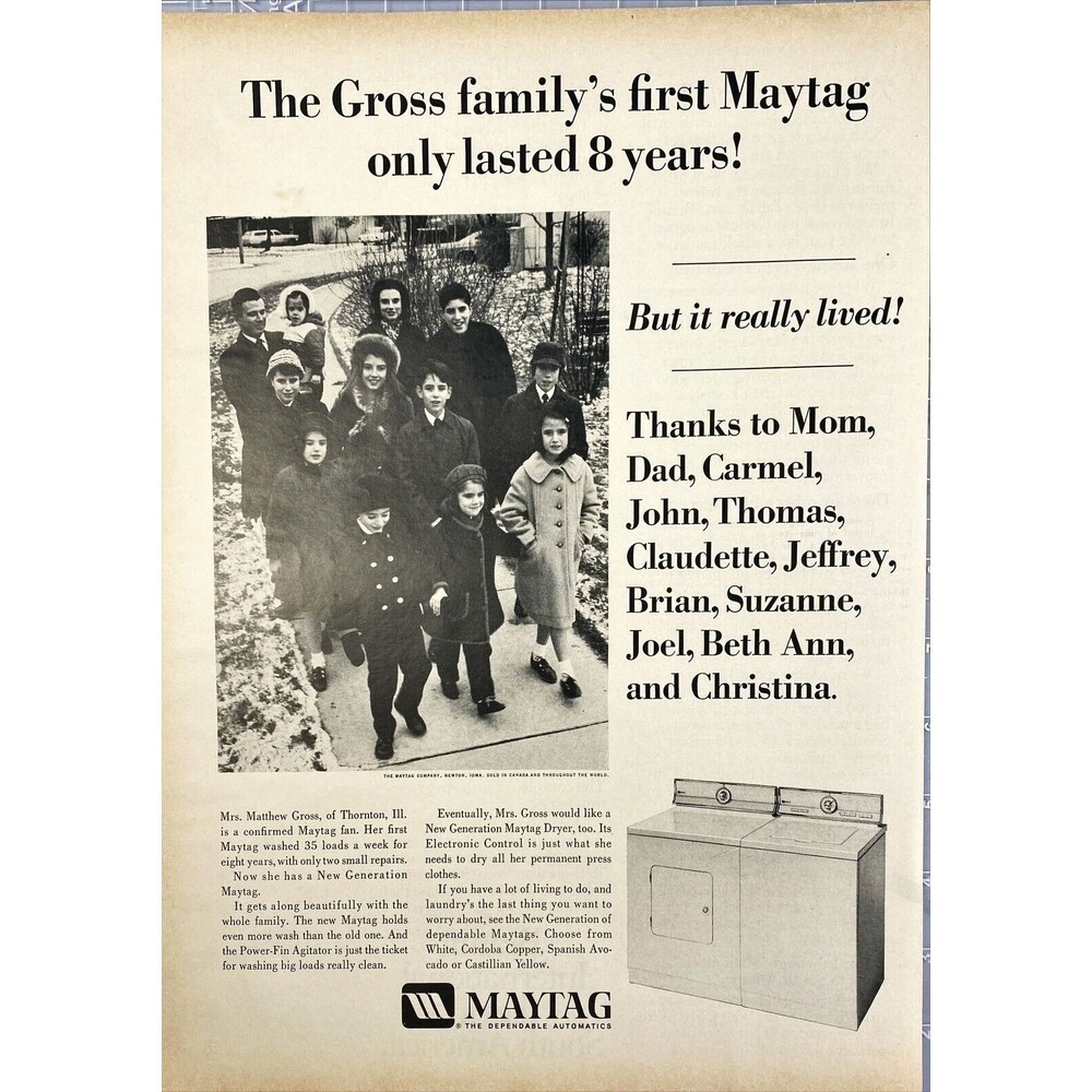 Maytag Washer Dryer The Gross Family "35 Loads a week for 8 Years" Print Ad 1967